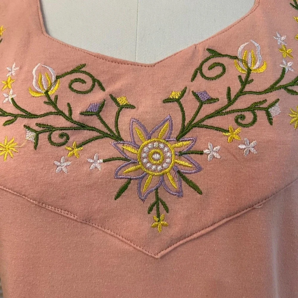 Vintage Pink Embroidered Pajama Set Cotton Lounge Set Cottagecore Floral M